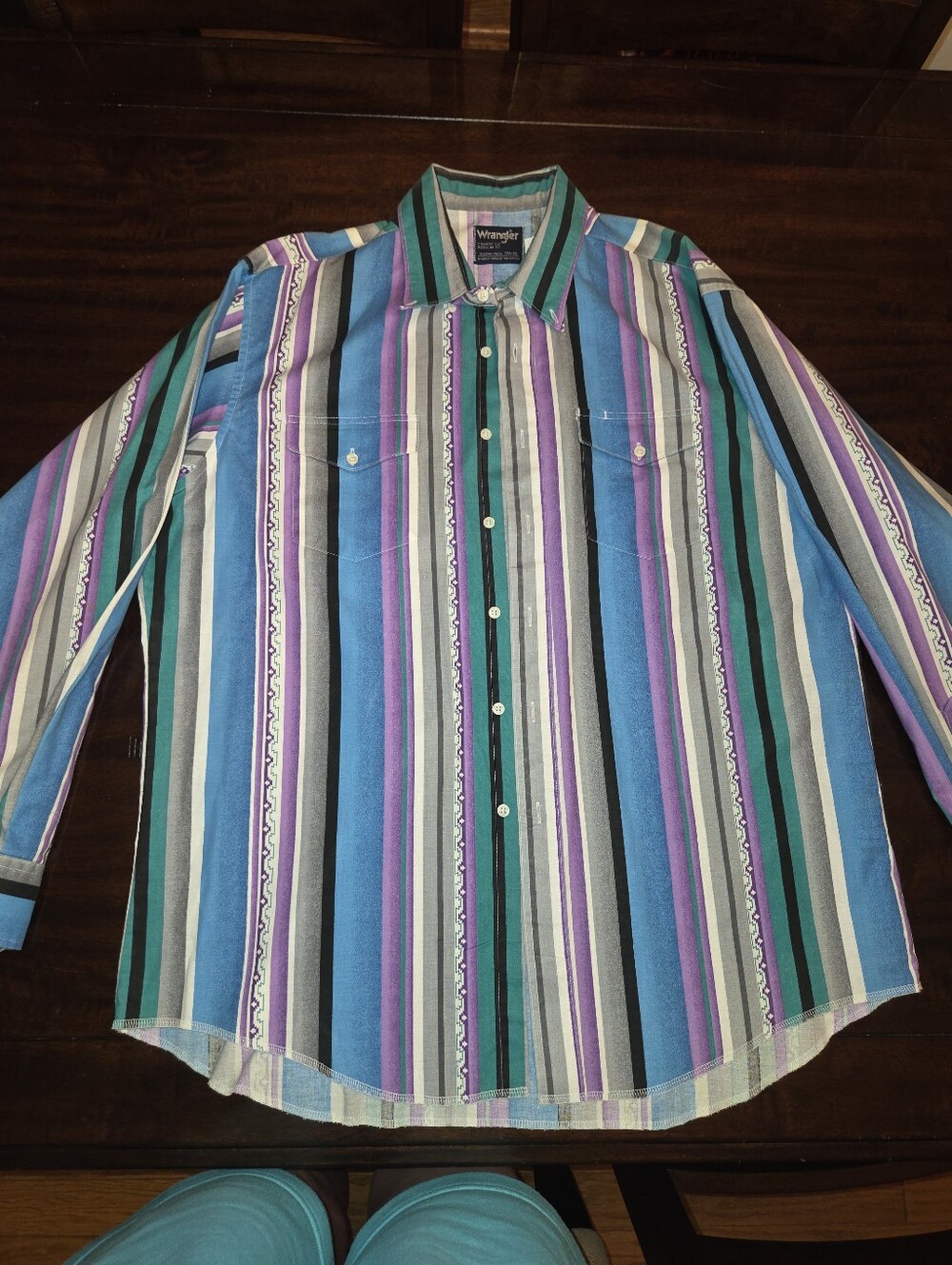 VTG Wrangler Western Men’s Striped Button-Up Shirt in Green, Purple & Blue